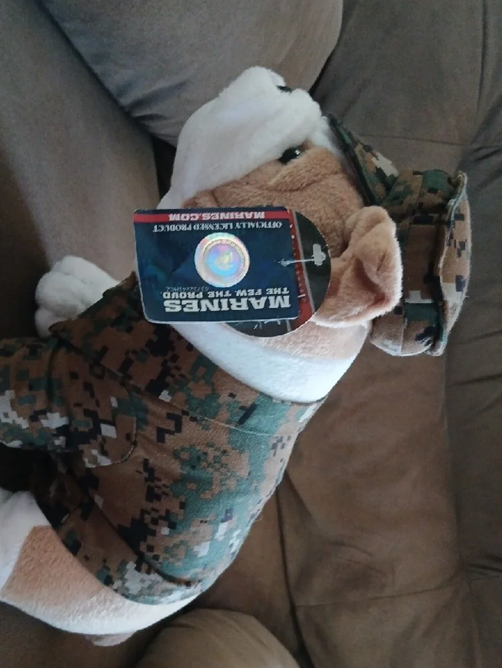 Plush Bulldog Dog Toy in Camouflage Outfit - Brown/Green Chesty